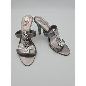 Women's Alfani "Gizelle" Silver Leather 8.5 M‎ Slides Strappy Heels Sandals